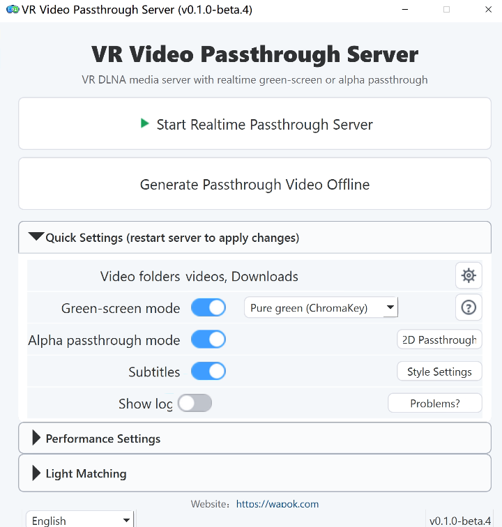 VR Video Passthrough Server main window